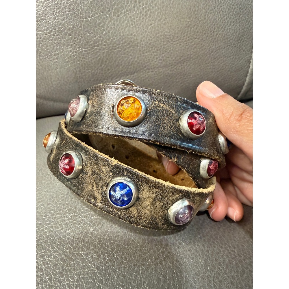 Vintage Distressed Brown Leather Jeweled Belt Multi Color Studded Western Boho - Picture 2 of 4